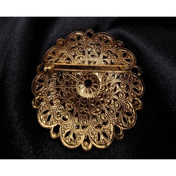 Vintage West Germany Signed  Brooch W/ Black Grey Glass Center & Faux Pearls - Picture 6 of 6